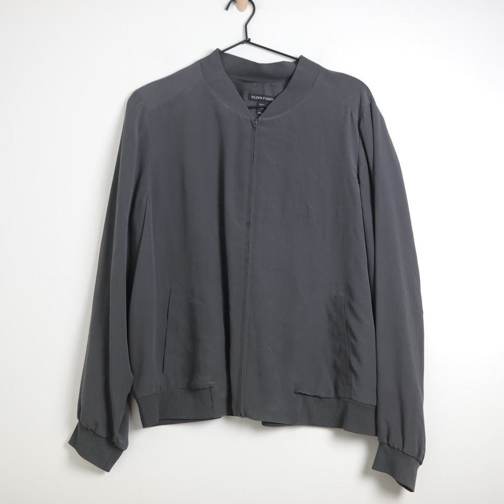 Eileen Fisher Charcoal Gray Silk Bomber Jacket Lightweight Breezy